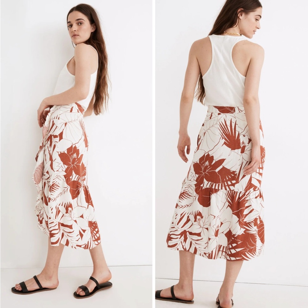 Madewell Faux Wrap Ruffle MIDI Skirt Tropical Floral Print size 6